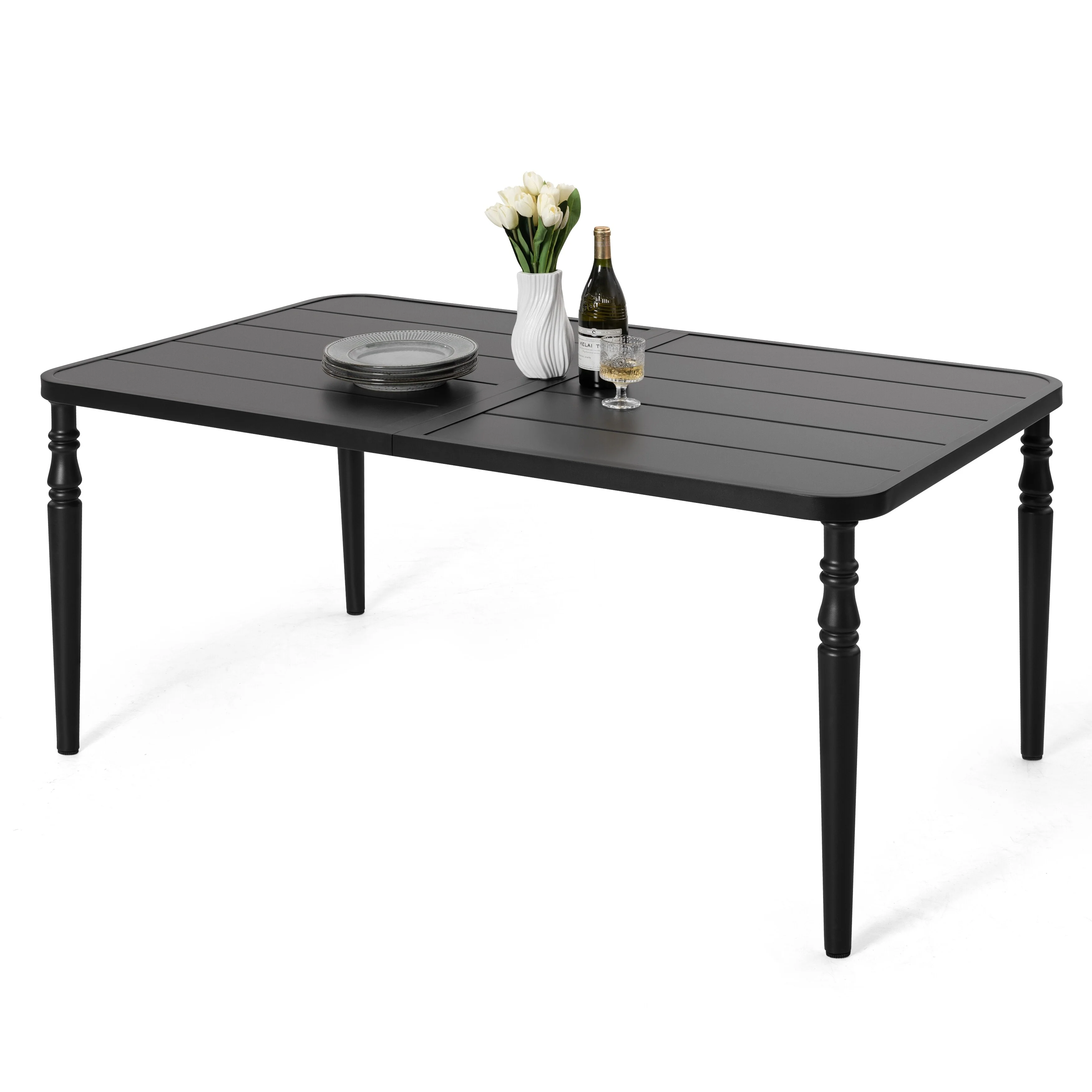 Outdoor Rectangle Powder-Coated Metal Dining Table with Umbrella Hole