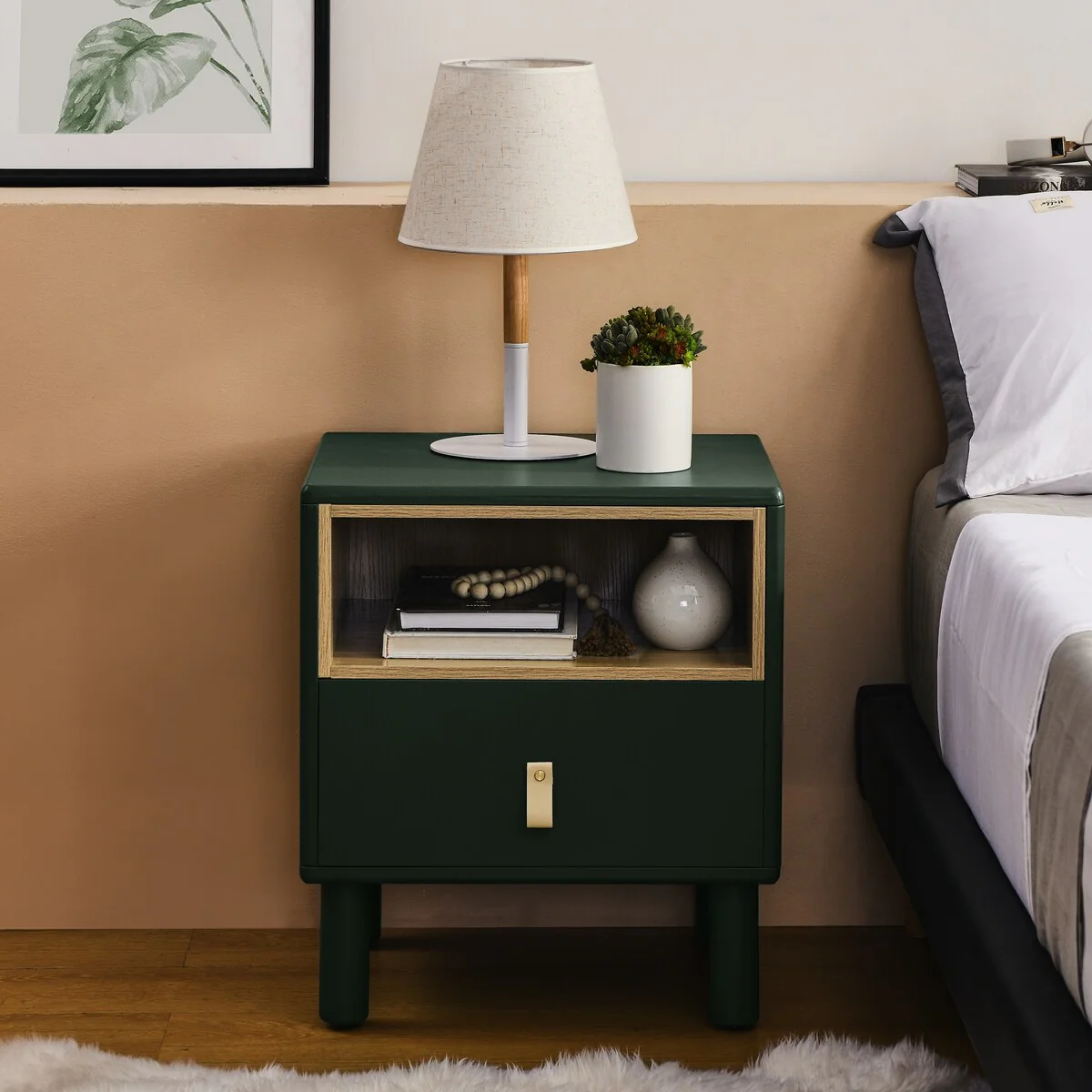Modern 1-Drawer Wood Nightstand Small Side Table with Open Shelf Leather Handles Nordic Bedside Table