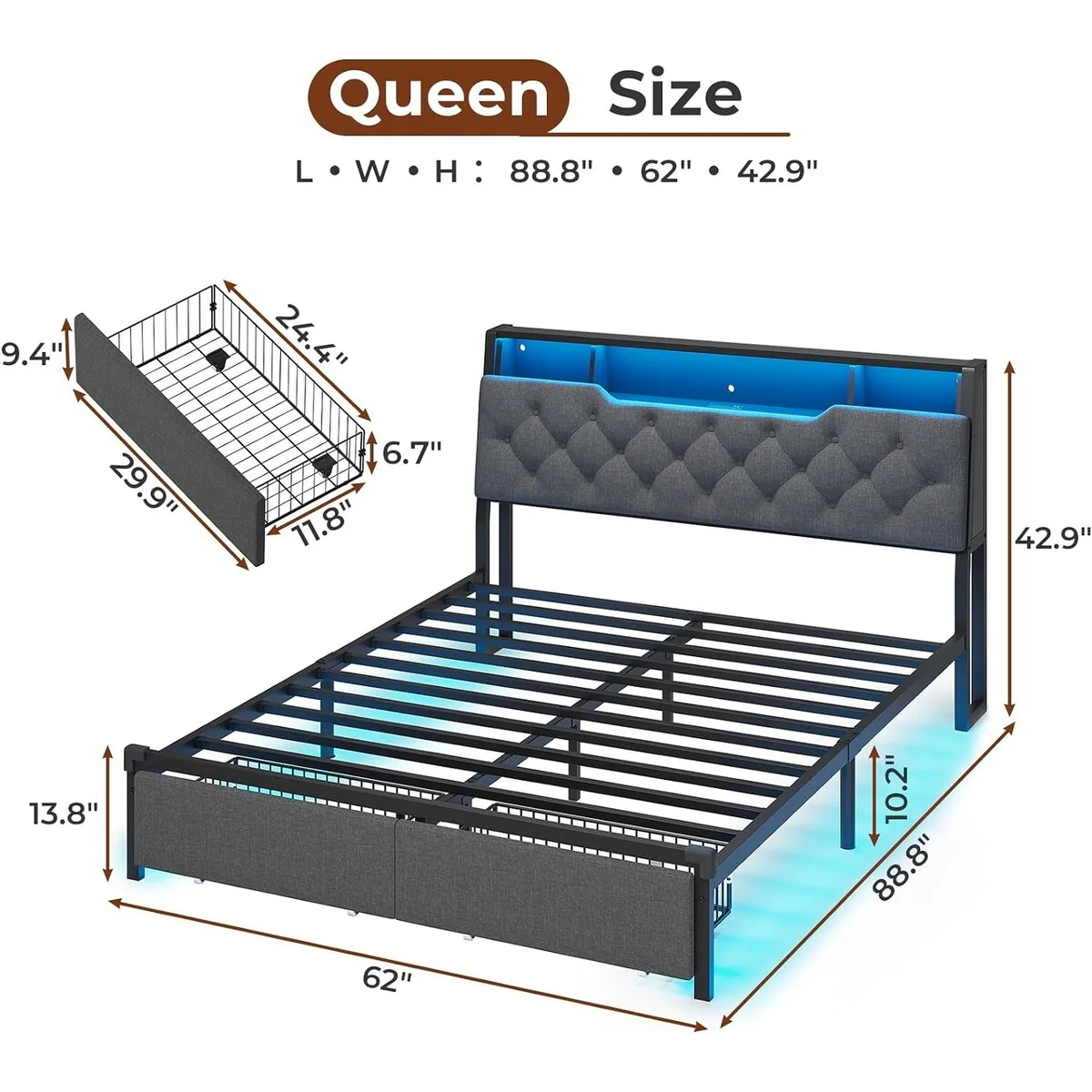 Bed Frame Charging Station Headboard Storage 2 Drawers