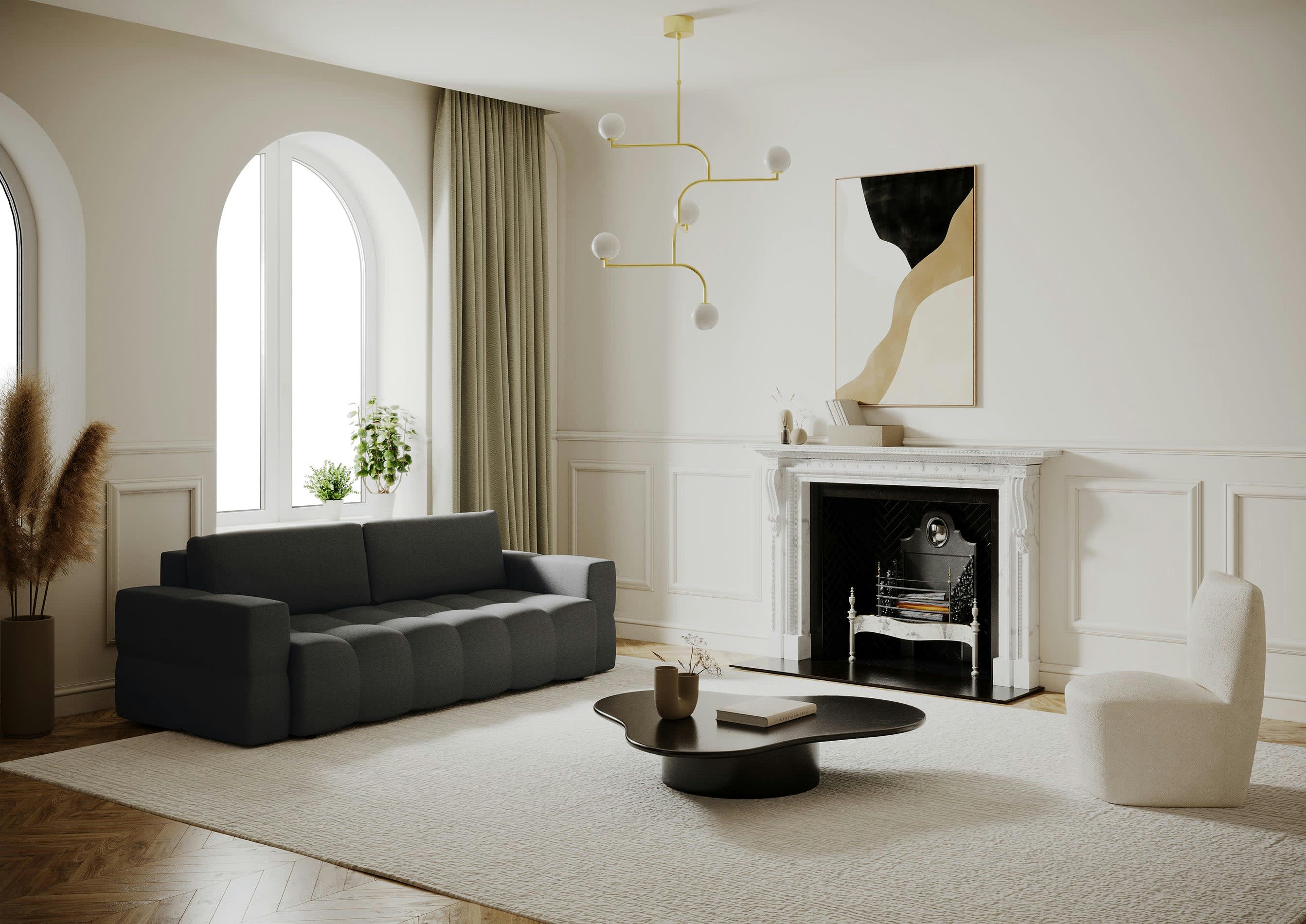 GABRIEL - Canapé 4 places convertible coffre noyer tissu tramé gris anthracite