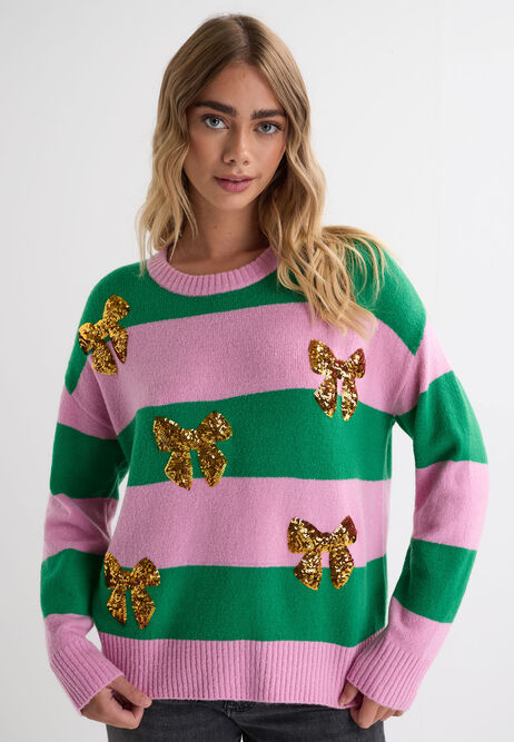 Womens Green Stripe Sequin Bow Christmas Jumper