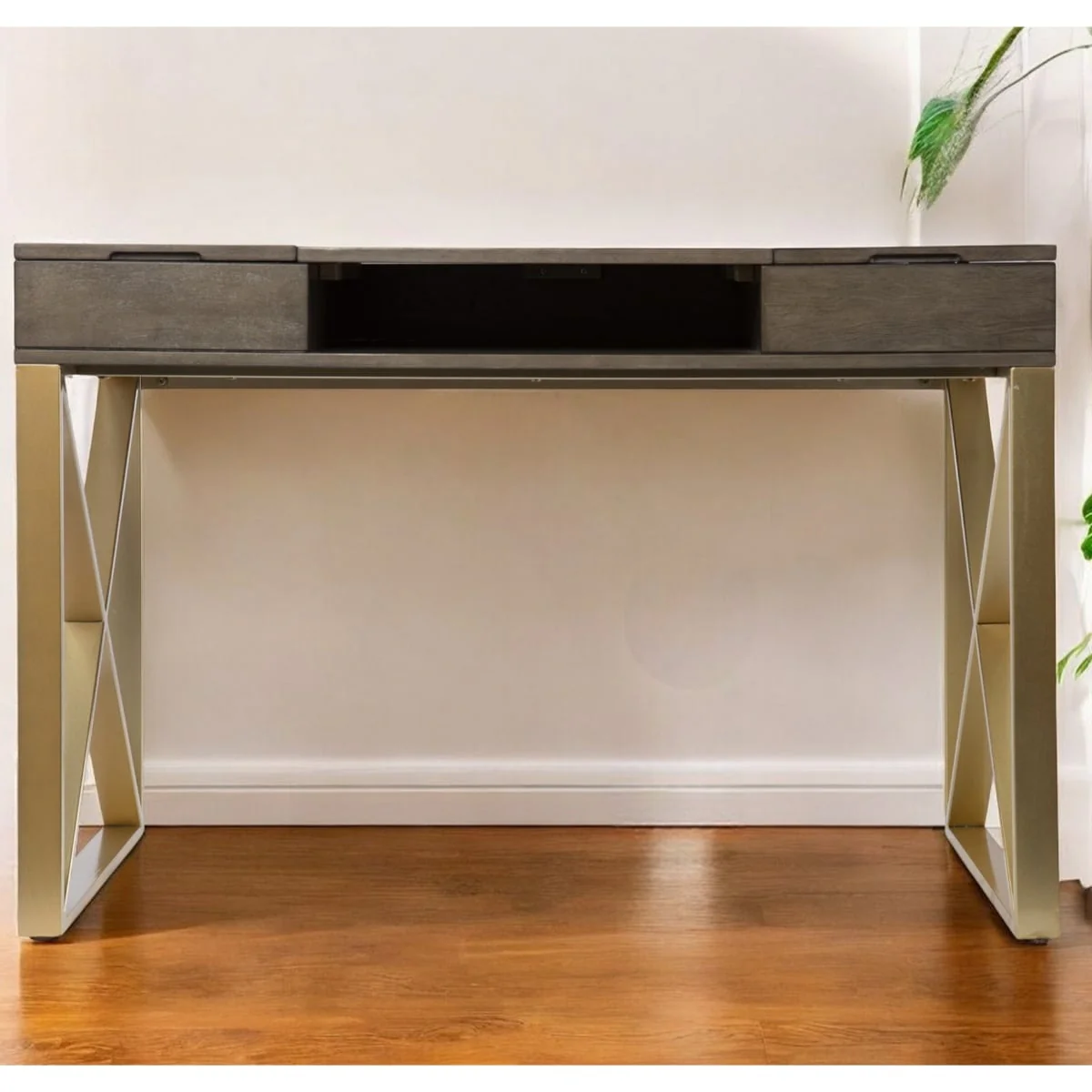 Grey Wood Gold Sled Base Writing Desk with Drawers and Shelves and Rectangular