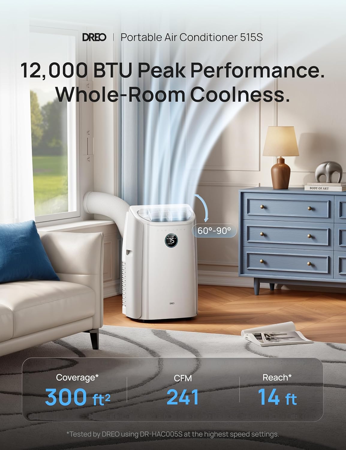 DREO Portable Air Conditioners, 12000 BTU ASHRAE (8000 BTU DOE) Smart AC Unit for Room with Drainage-free Cooling, APP/Voice/Remote, Fan & Dehumidifier, Quiet Standing AC for Bedroom, AC515S, White