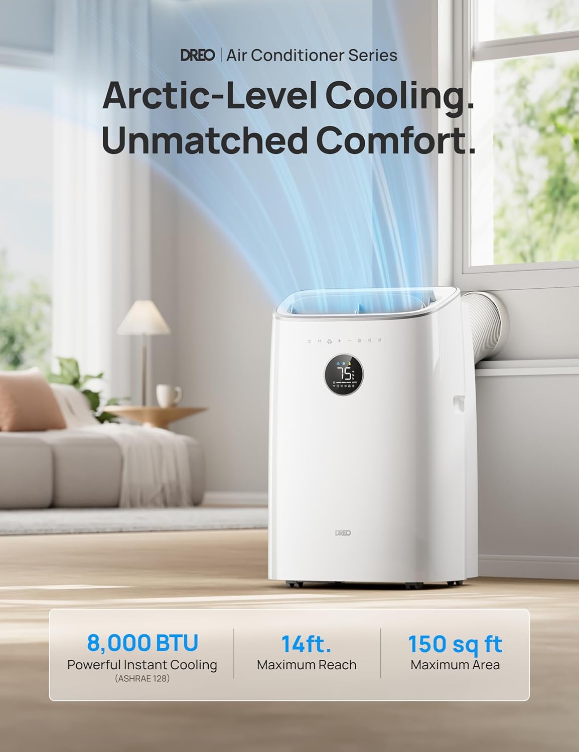 DREO Portable Air Conditioners, 8000 BTU ASHRAE (5000 BTU DOE) Smart AC Unit for Bedroom with Drainage-free Cooling, 45dB Quiet, APP/Voice/Remote, Portable AC for Room Indoors, AC318S