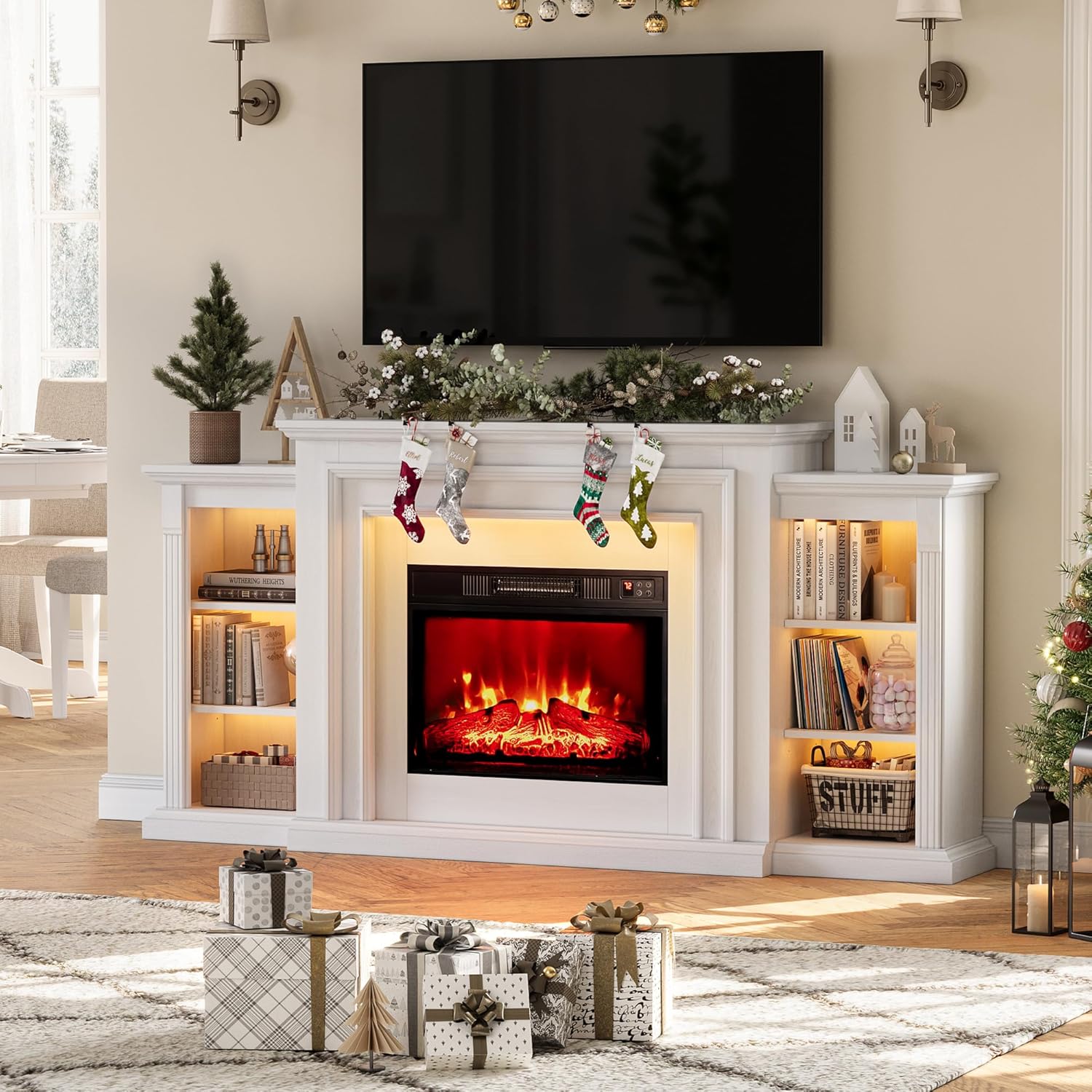 72 LED Lights Electric Fireplace with Mantel, Fireplace TV Stand for TVs Up to 80,Modern Entertainment Center with Storage, Delicate Three-Dimensional Molding with Remote Control for Living Room