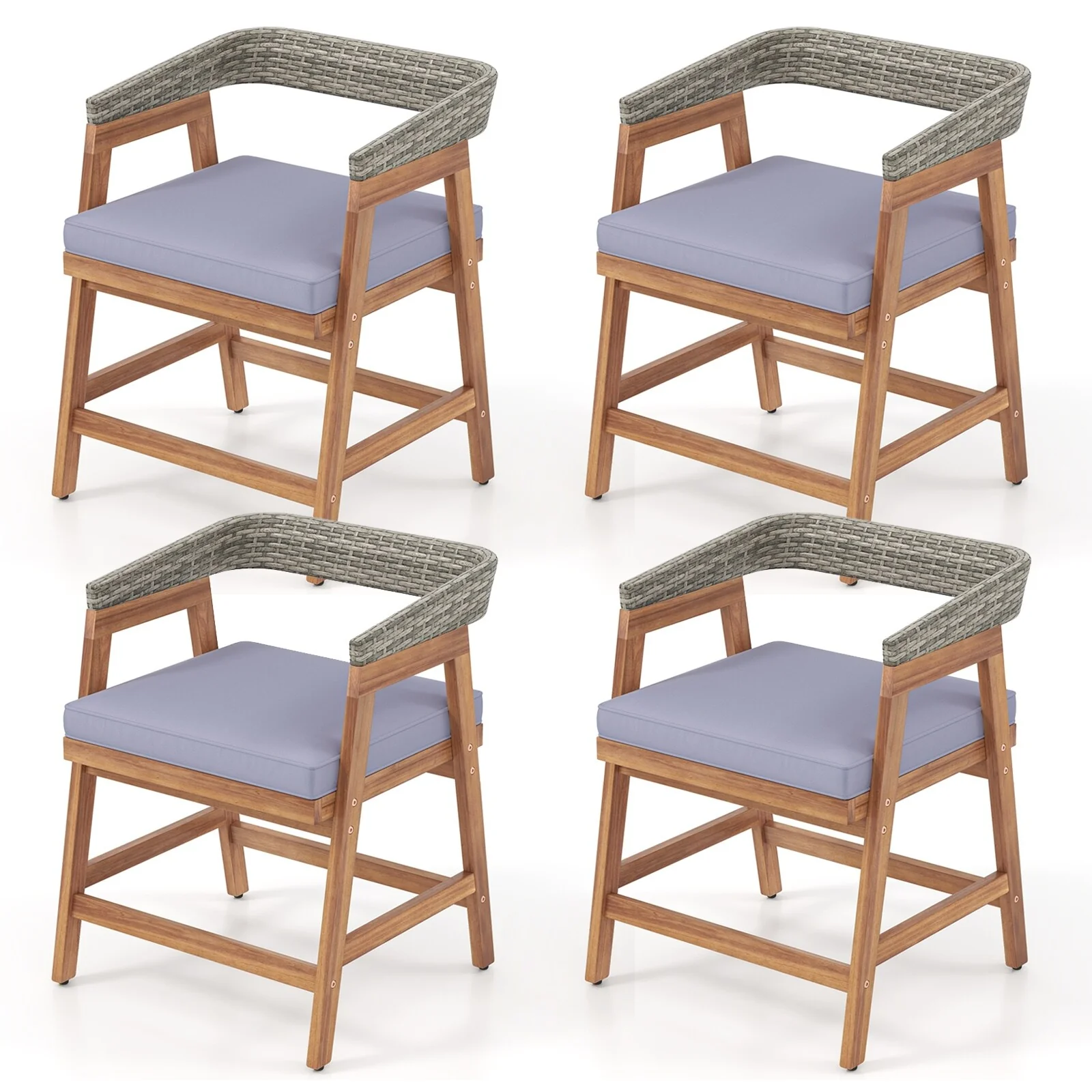 Outdoor Acacia Wood Patio Wicker Dining Chairs Set of 4 with Seat Cushion-Gray - Multi