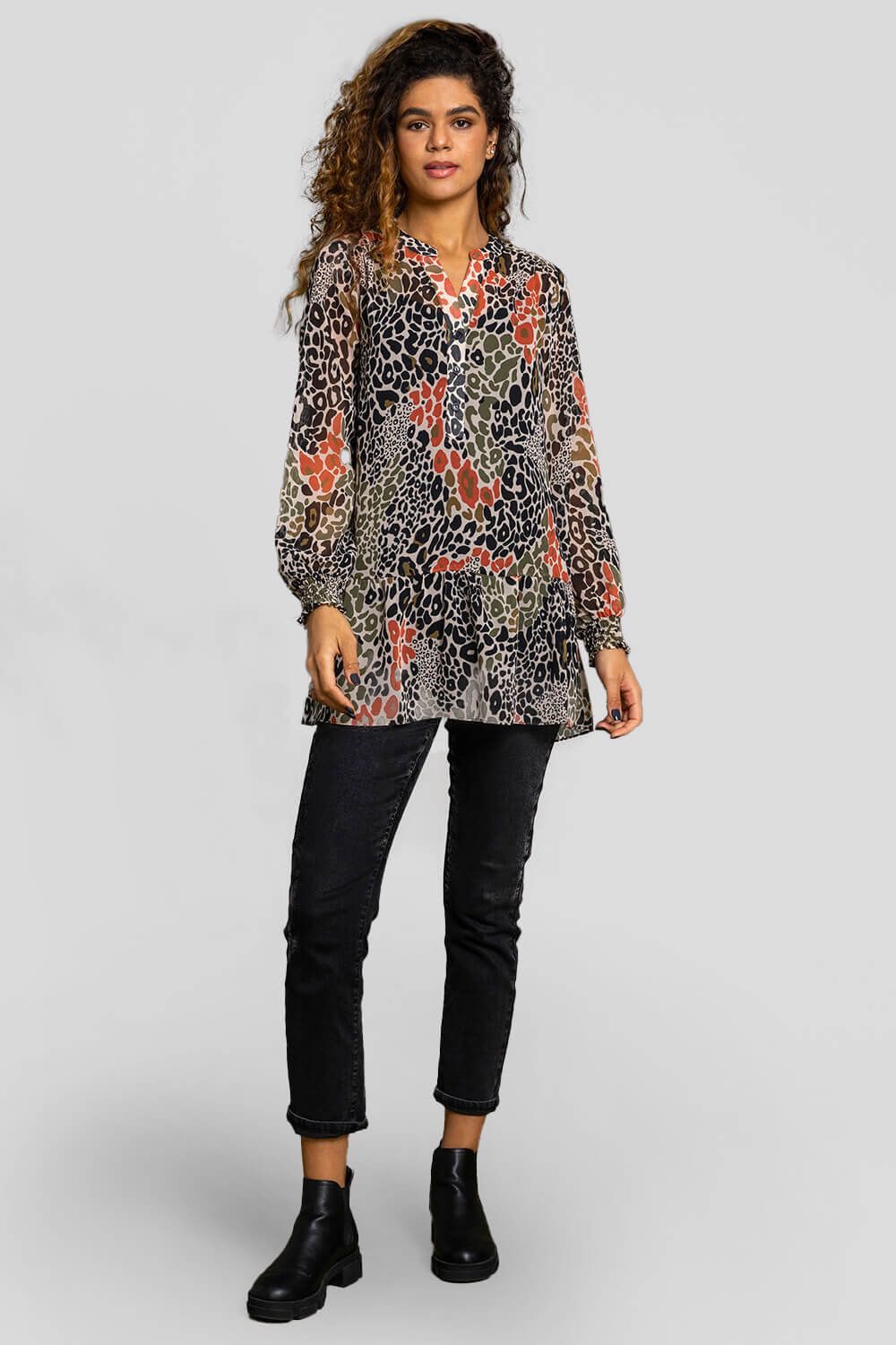 Roman Chiffon Animal Print Peplum Tunic Top