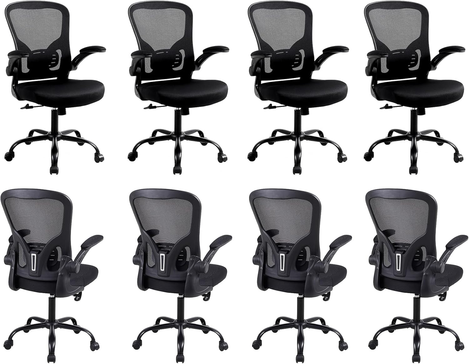 Flysky Ergonomic Home Office Desk Chair Set of 8 - Lumbar Back Support, Breathable Mesh Swivel Computer Task Chair with Wheels and Flip-up Arms, Height Adjustable, Black