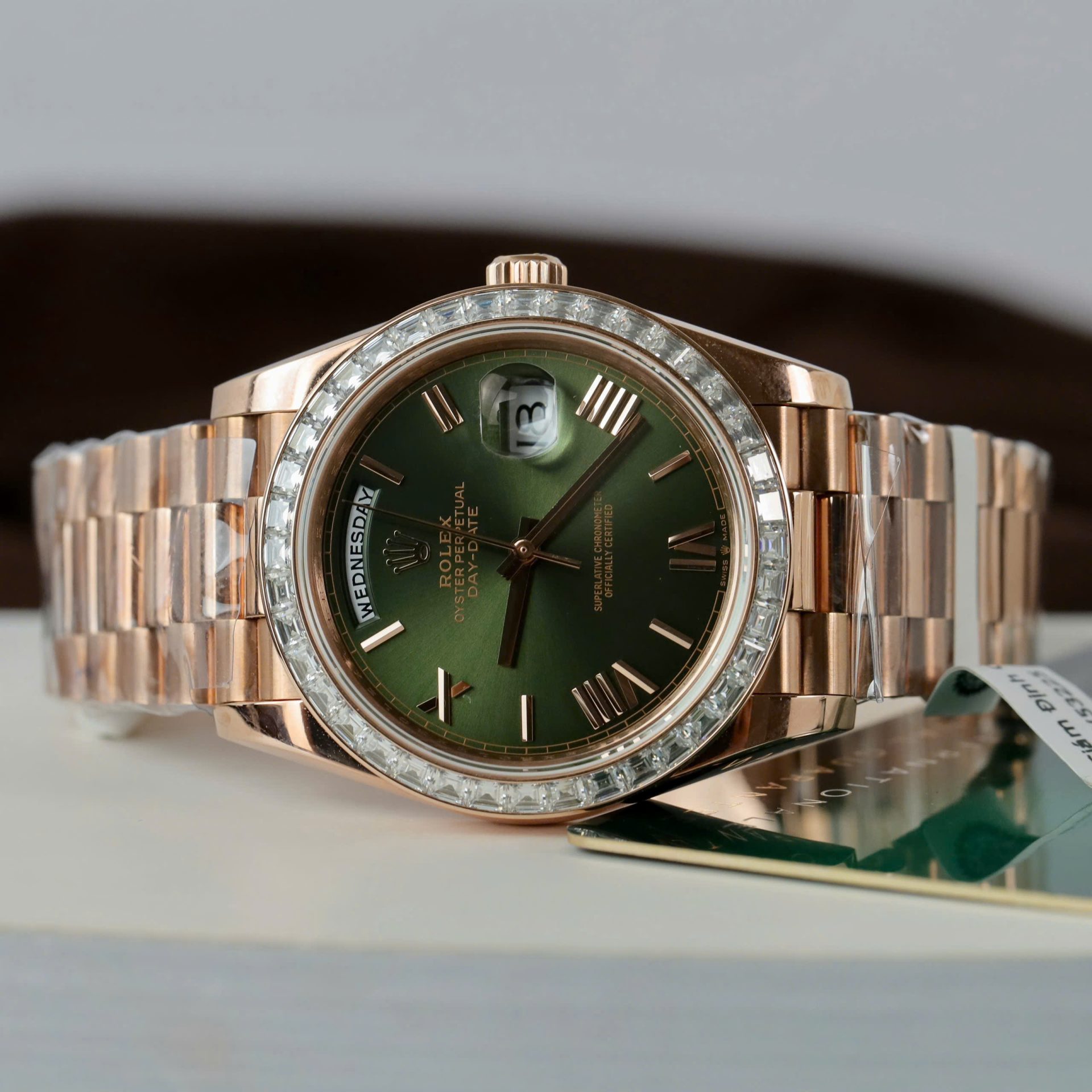 Rolex Day-Date RG Plated Green Dial Baguette Diamond 40mm Super Clone