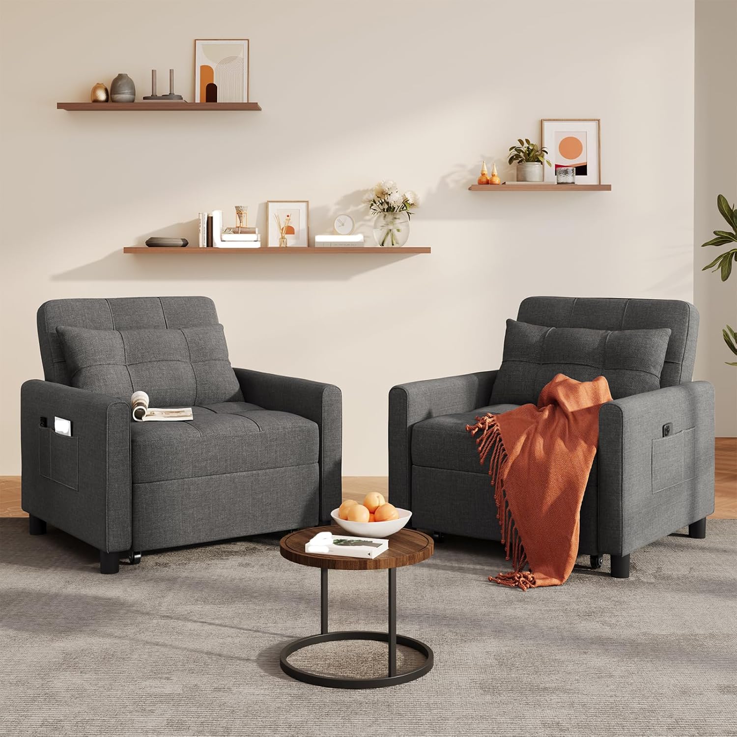 Ahomly Convertible Sofa Chair Bed, 3-in-1 Multi-Functional Sleeper Chair Bed, Adjustable Backrest Recliner with Modern Linen Fabric for Living Room Bedroom Apartment Small Space, Dark Grey
