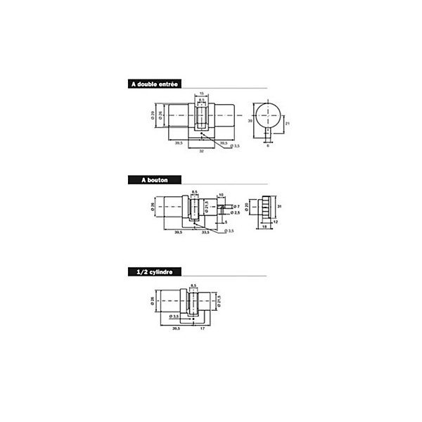 Cylindre monobloc SUPER-SURETE double entrée sans bille 39,5x39,5mm - BRICARD - 811000