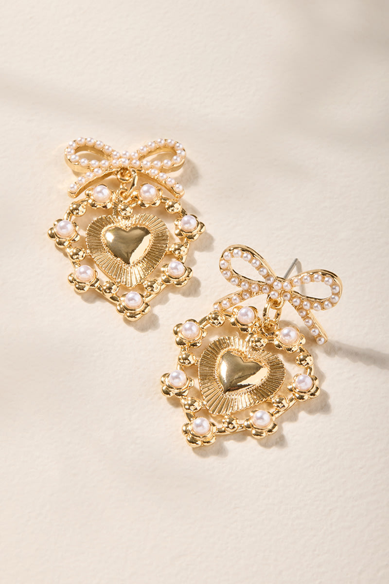 Kim Pearl Heart On Bow Earrings
