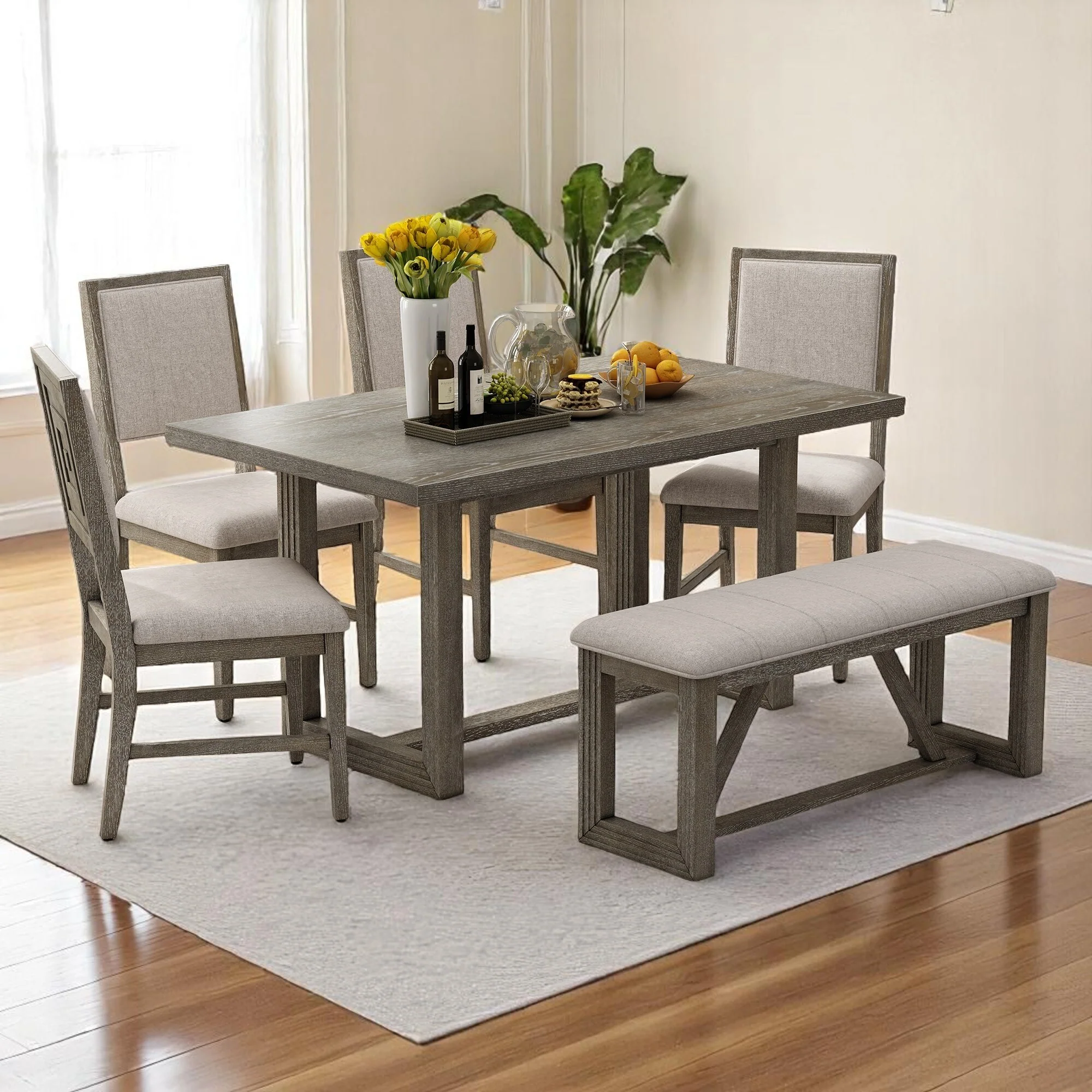 6-Piece Dining Table Set for 6, 60 Wooden Kitchen Table with 4 Chairs & Bench - Rubberwood Frame for Dining Room & Kitchen