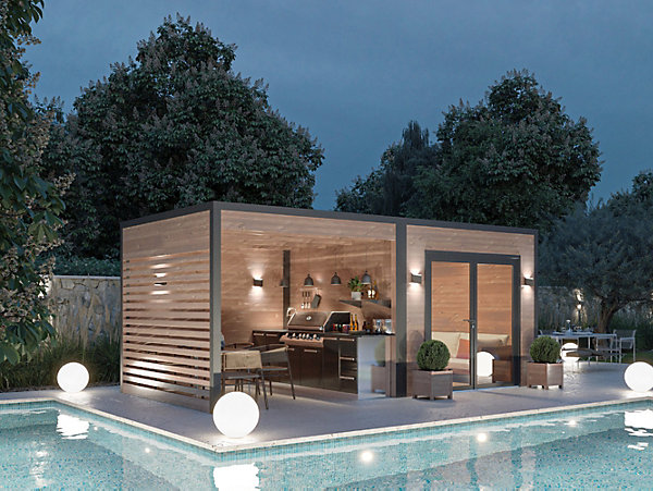 Abri de jardin / Poolhouse Design bois douglas ép.55 mm surface totale 8.7m²   pergola 8.7m²