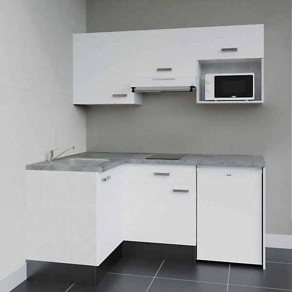 Kitchenette KA03 façades Blanc - Plan de travail Gris béton - Crédences : Non - Evier inox - Electroménager Blanc inclus