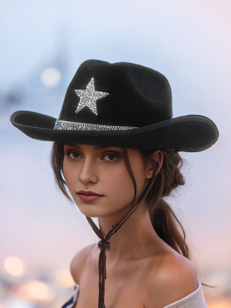 PEACH ACCESSORIES Shimmering Star Festival Cowboy Hat in Black