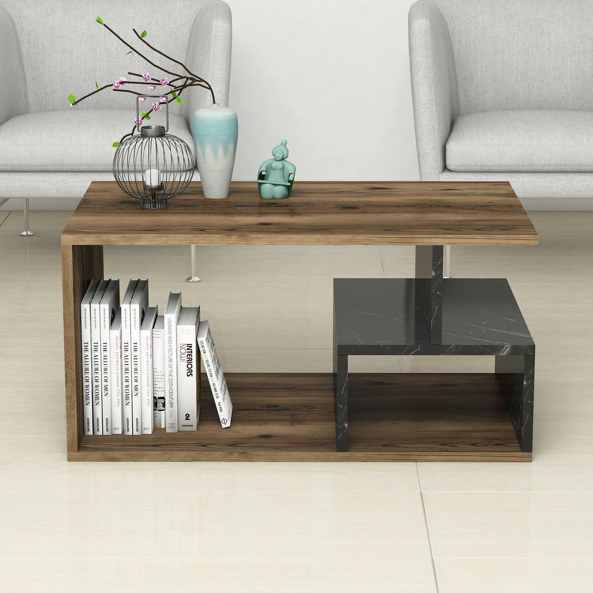 Table basse avec rangement ouvert, effets noyer & marbre MARFA