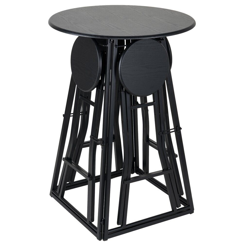 Table de bar haute avec 4 chaises à déplier métal et bois noir Ø105xH170cm