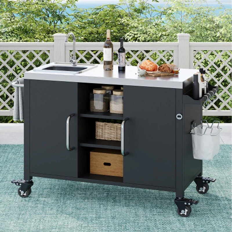 54.5 Outdoor Kitchen Island, Grill Cart Table with Storage Cabinet, Spice Rack and Towel Rack, Outdoor Bar Cart for Outside BBQ
