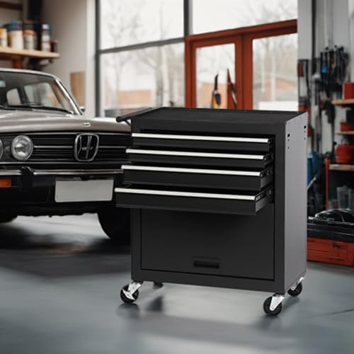 4-Drawer Rolling Tool Chest, Cabinet with 4 Wheels Tool Chest with Drawers, Suitable for Garages, Warehouses, Workshops, Repair Shops, Black