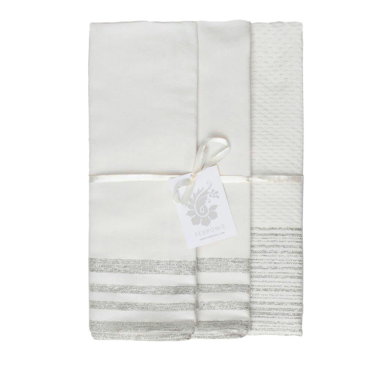 ESSENTIELLE - Torchons (x3) coton  60x40 écru / argent