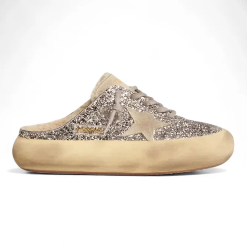 Space-Star Sabot shoes in silver glitter with shearling lining