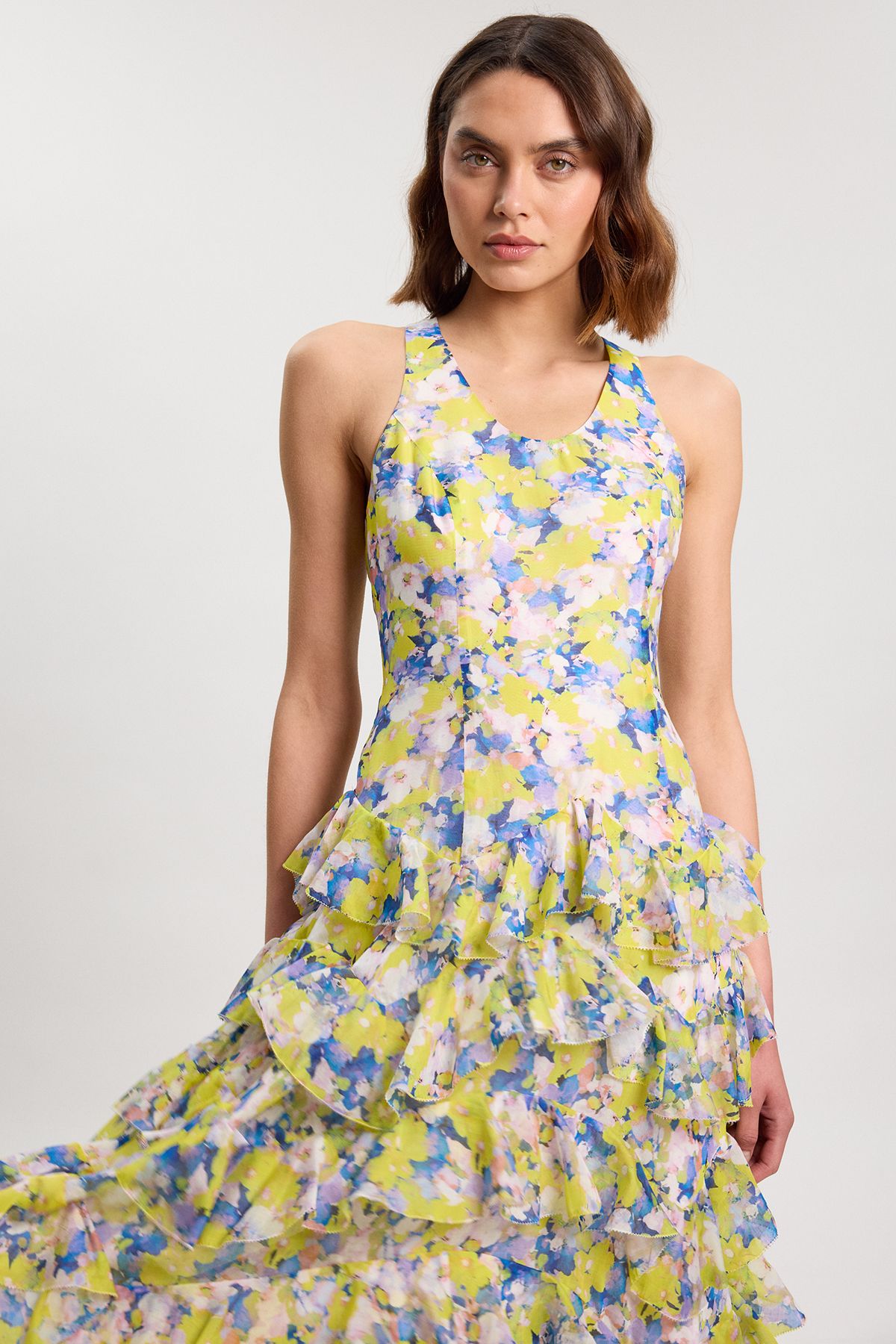 KarenMillen Floral Crinkle Georgette Ruffle Detail Woven Maxi Dress