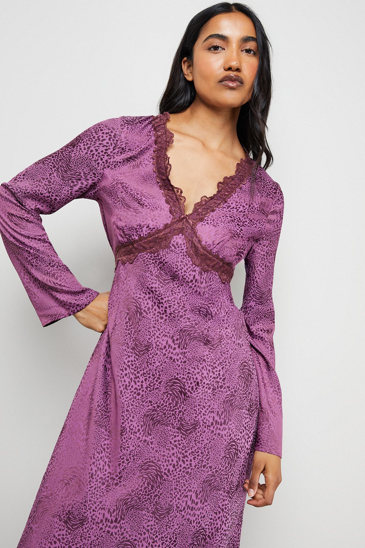 Warehouse Satin Jacquard Lace Insert Godet Midi Dress