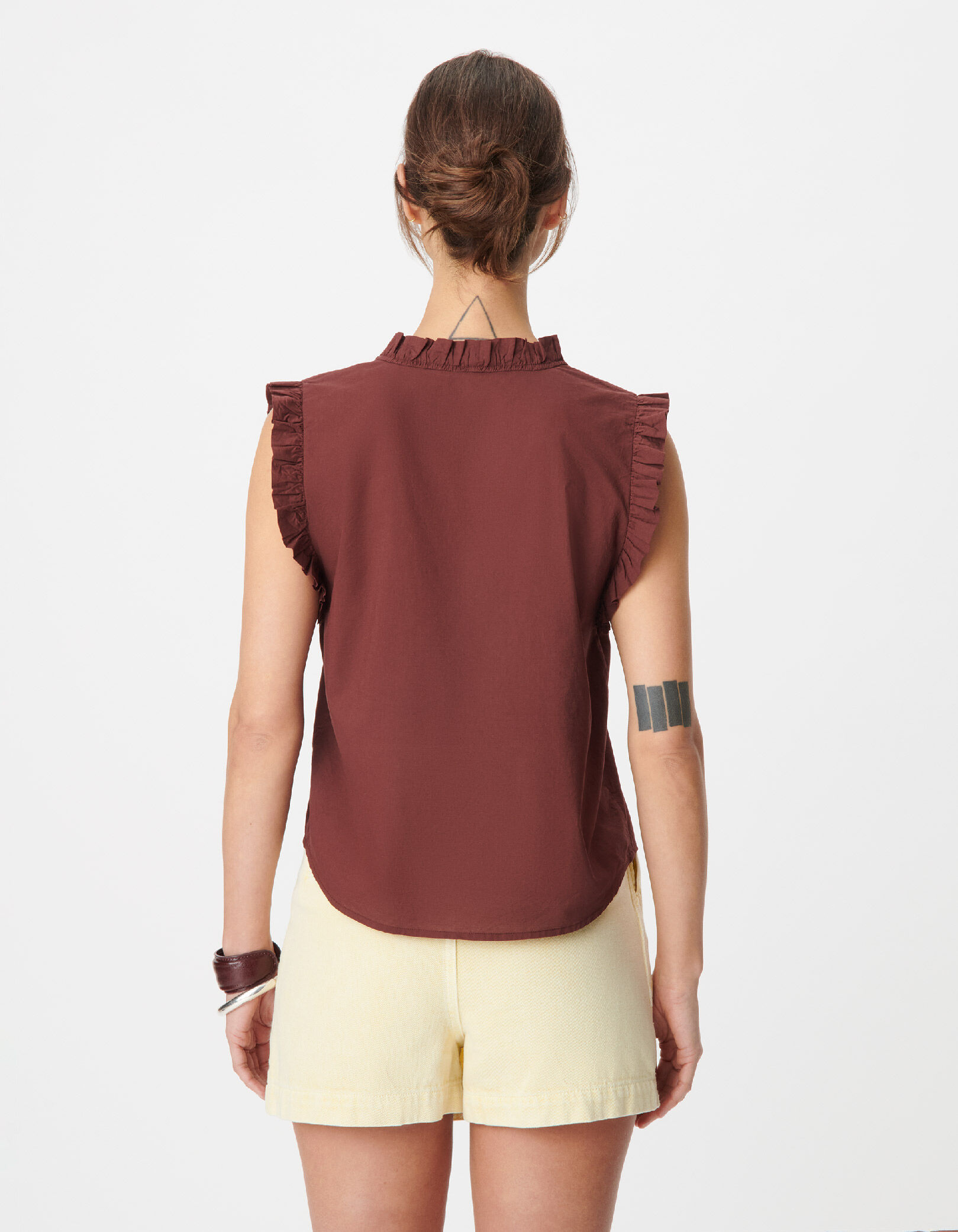 Top sans manches marron à plis ruchés Femme