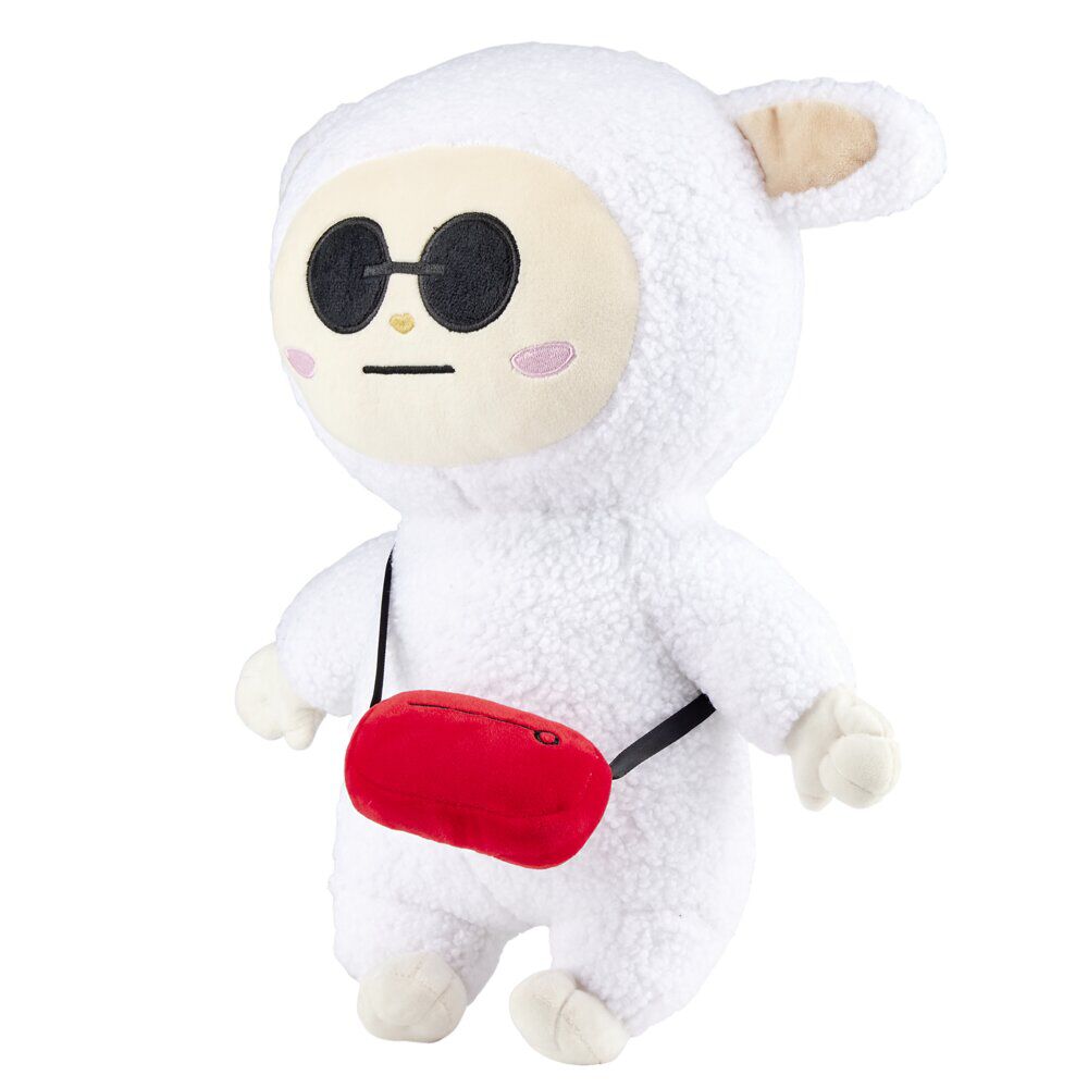 Peluche Gromimis blanche avec lunettes et sac rouge H40cm