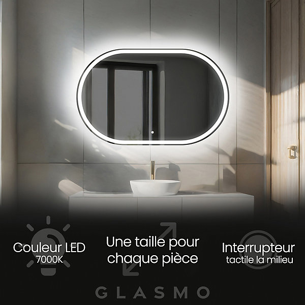 Miroir de Salle de Bain LED - Freya, 100x70 cm, LED Lumineux Miroir, Blanc Froid 7000K, Interrupteur Tactile