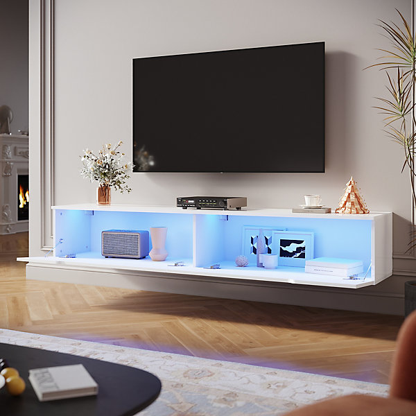 Meuble TV Blanc LED SIRHONAH35xL180xP30cm avec 2 Portes - Grande Capacité de Rangement