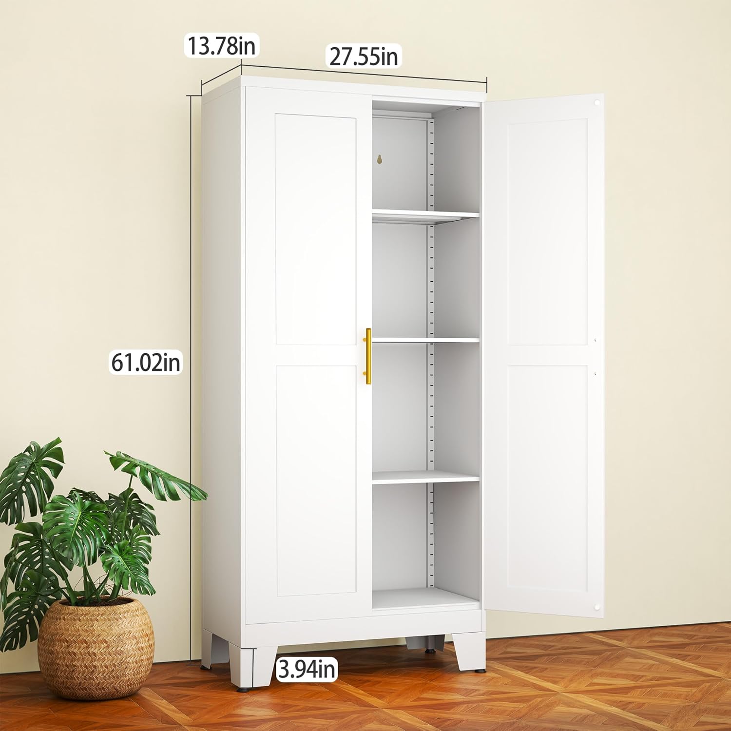 White Metal Storage Cabinet, 61 Steel Cabinets for Home Office, Kitchen Pantry Storage Cabinet with Doors and 3 Adjustable Shelves, Tool Cabinet, for Office, Home, Garage, School