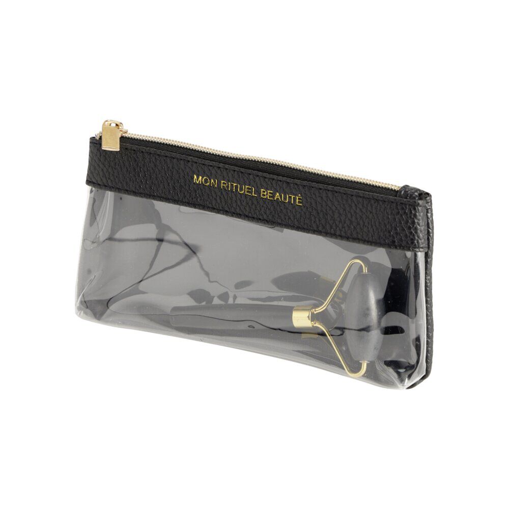 Pochette maquillage avec roll on pierre jade noir et doré L18cm