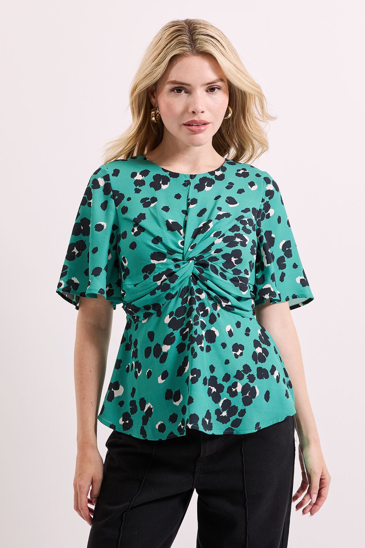 Dorothy Perkins Green Animal Twist Front Angel Sleeve Top