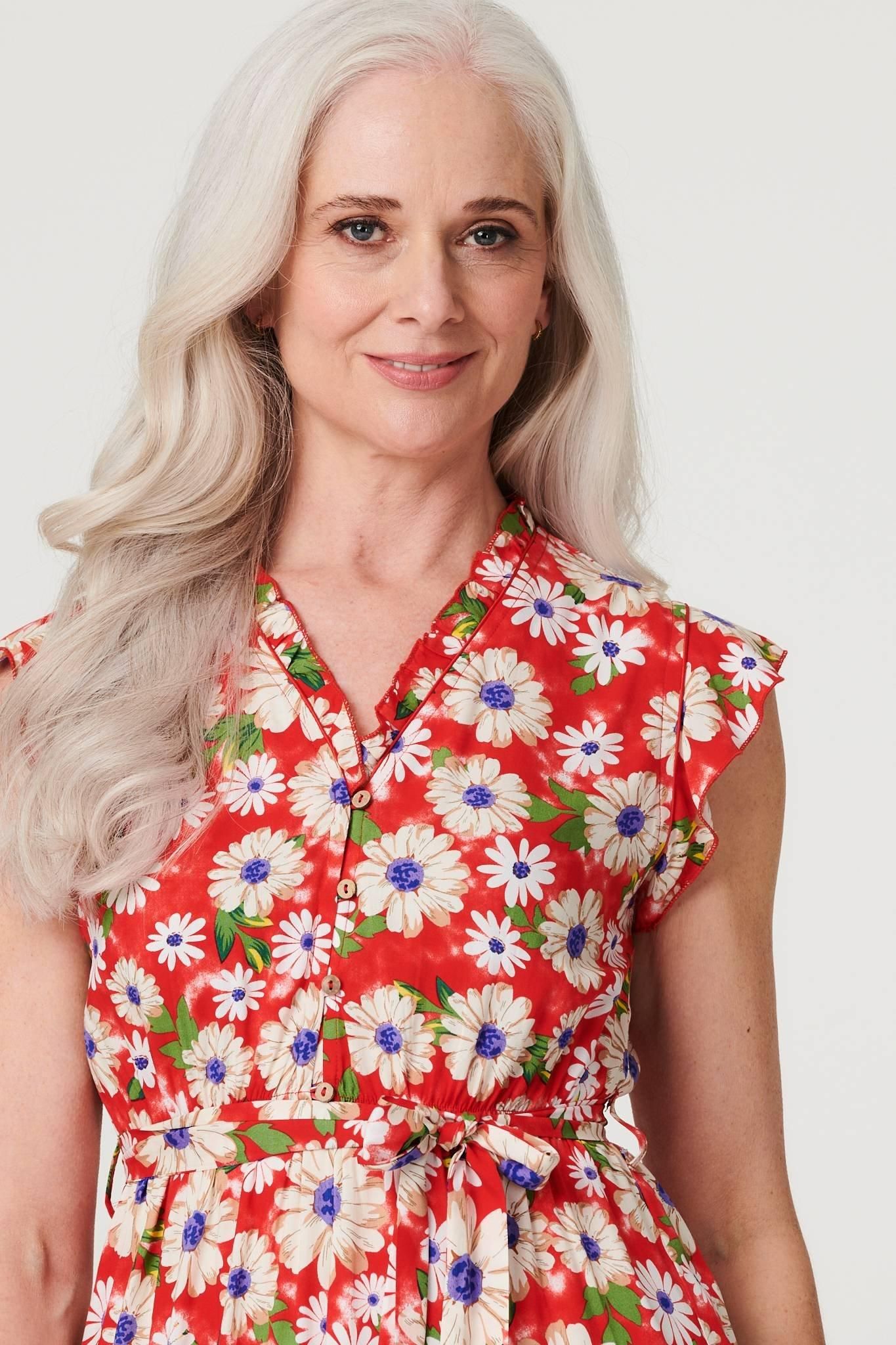 Izabel London Daisy Print Frilled Sleeve Dress