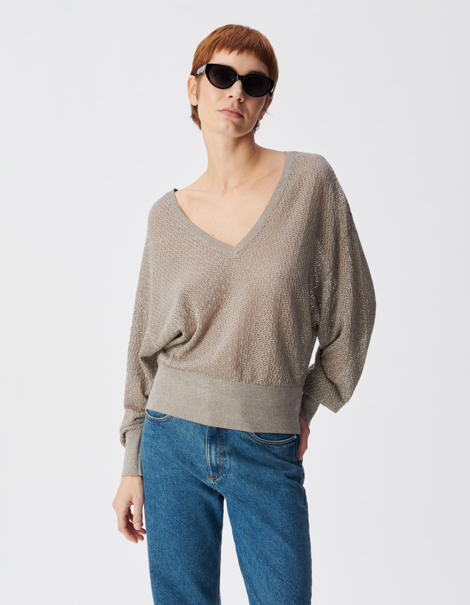 Pull chic beige tricot fantaisie pailleté ajouré Femme