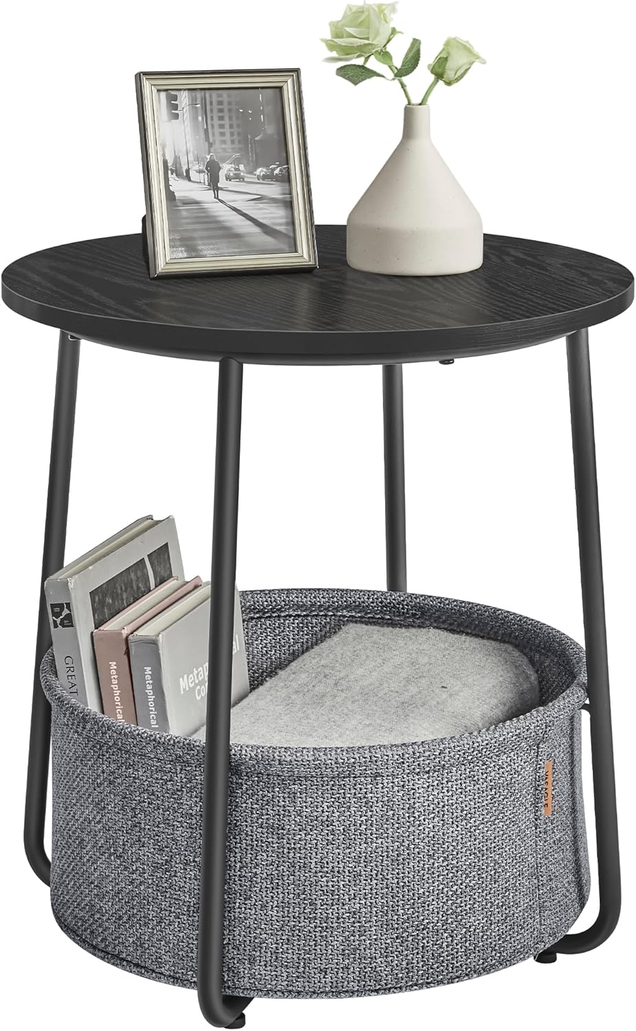Petite Table Basse Ronde avec Panier en Tissu