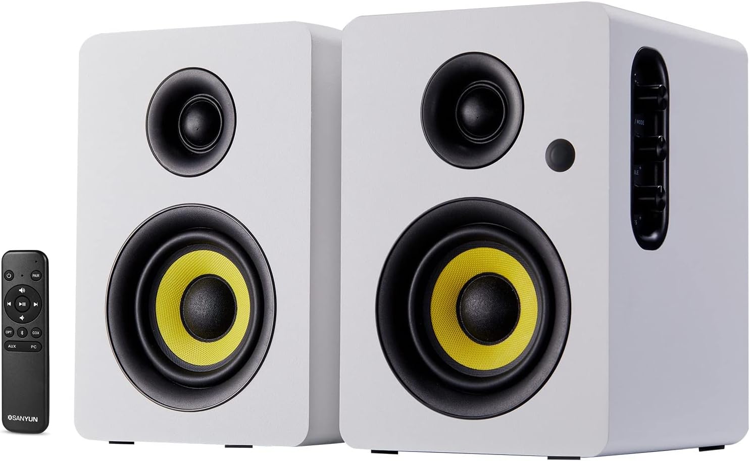 Sanyun SW206 80W Active Dual-Mode Bookshelf Speakers, 4” Studio Monitor & HiFi Mode, Upgraded 3D Sound Field, 6.35mm TRS Balanced, Bluetooth 5.4, Optical Coaxial Aux USB 24bit DAC, White