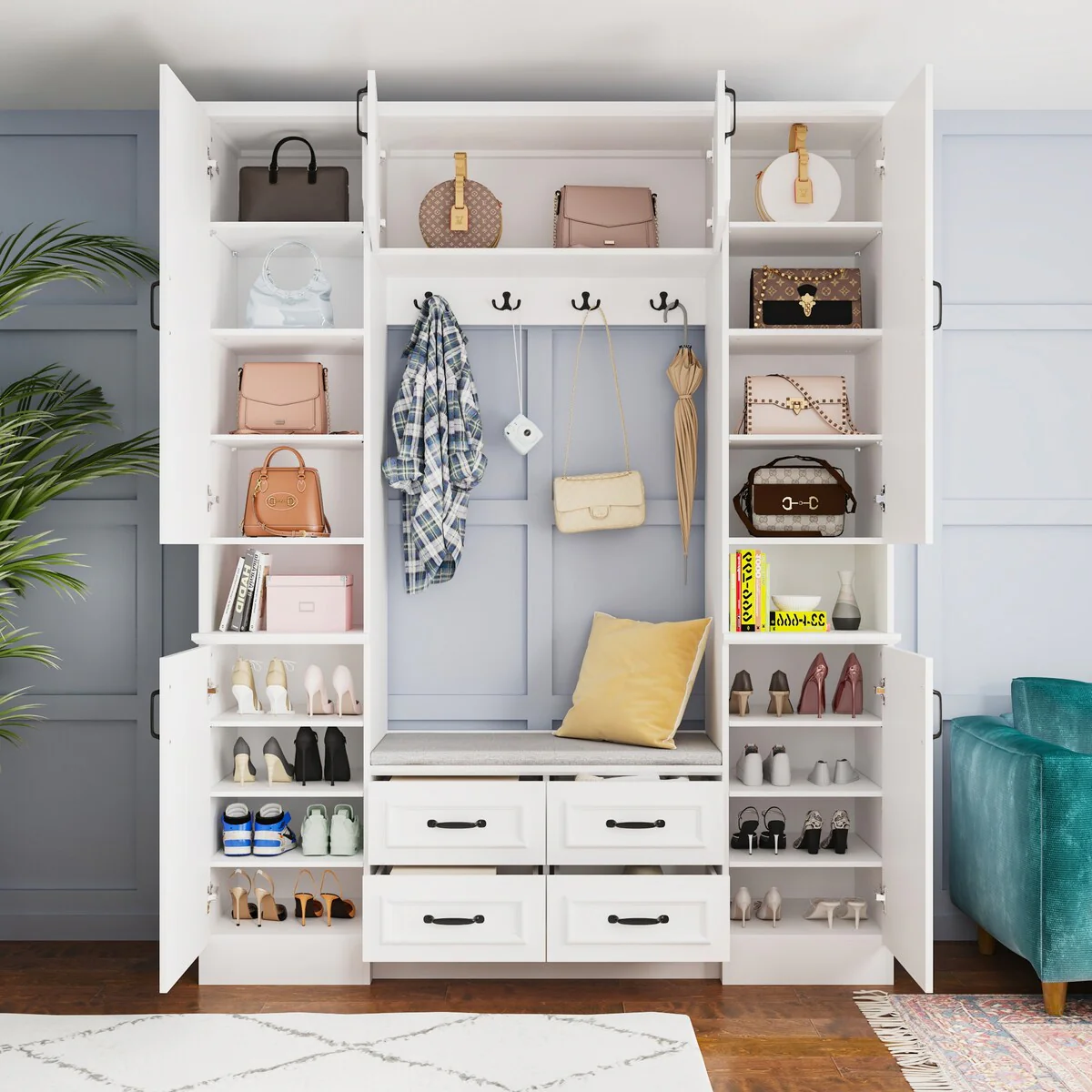 Multi-Functional 6-Door Wardrobe with Cushioned Bench&Hanging Rods