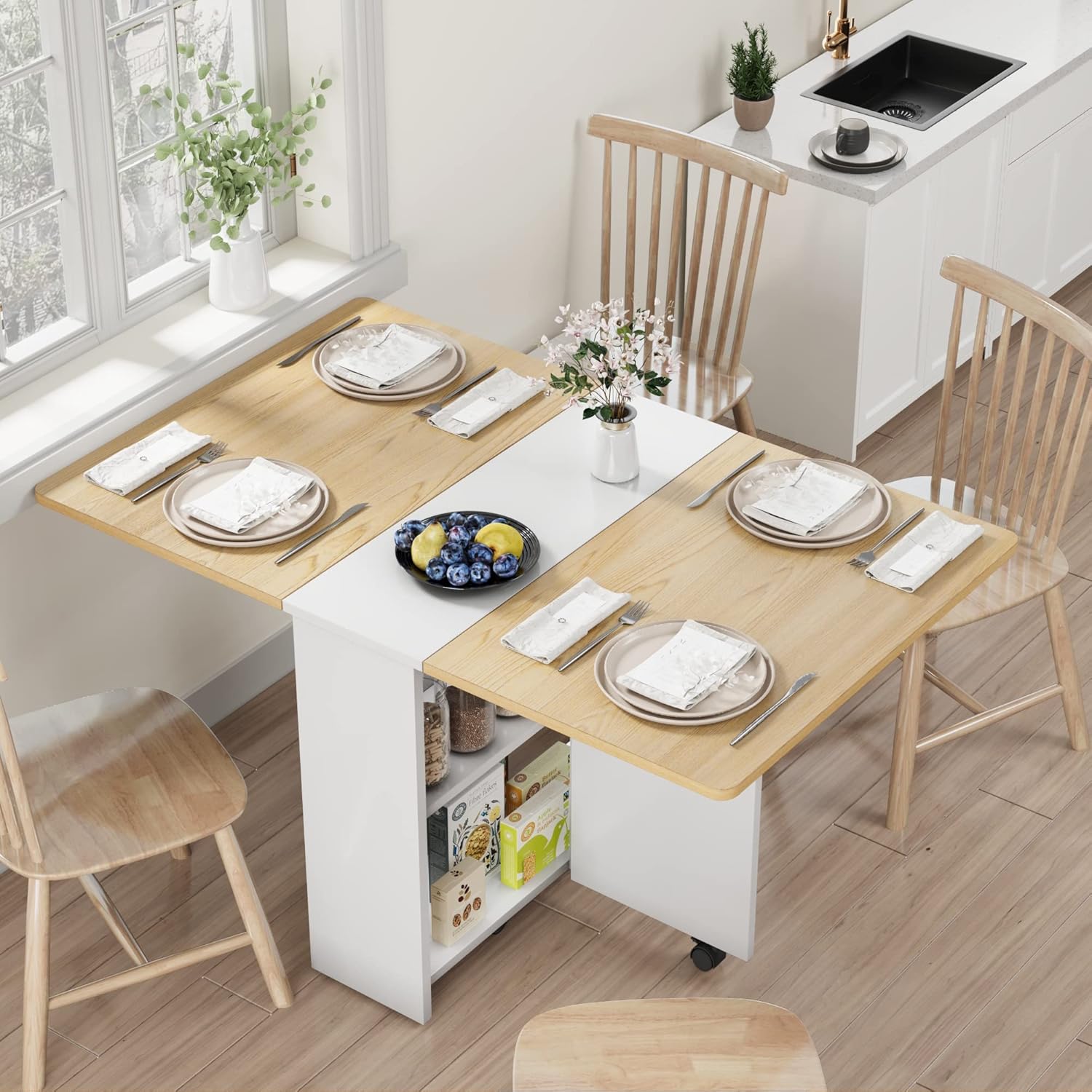 Space Saving Folding Dining Table with 2 Tier Storage-Extendable Drop Leaf Farmhouse Wood Kitchen Dining Room Tables Set for 4, Collapsible Expandable Rectangle Dinner Kitchen Office Furniture