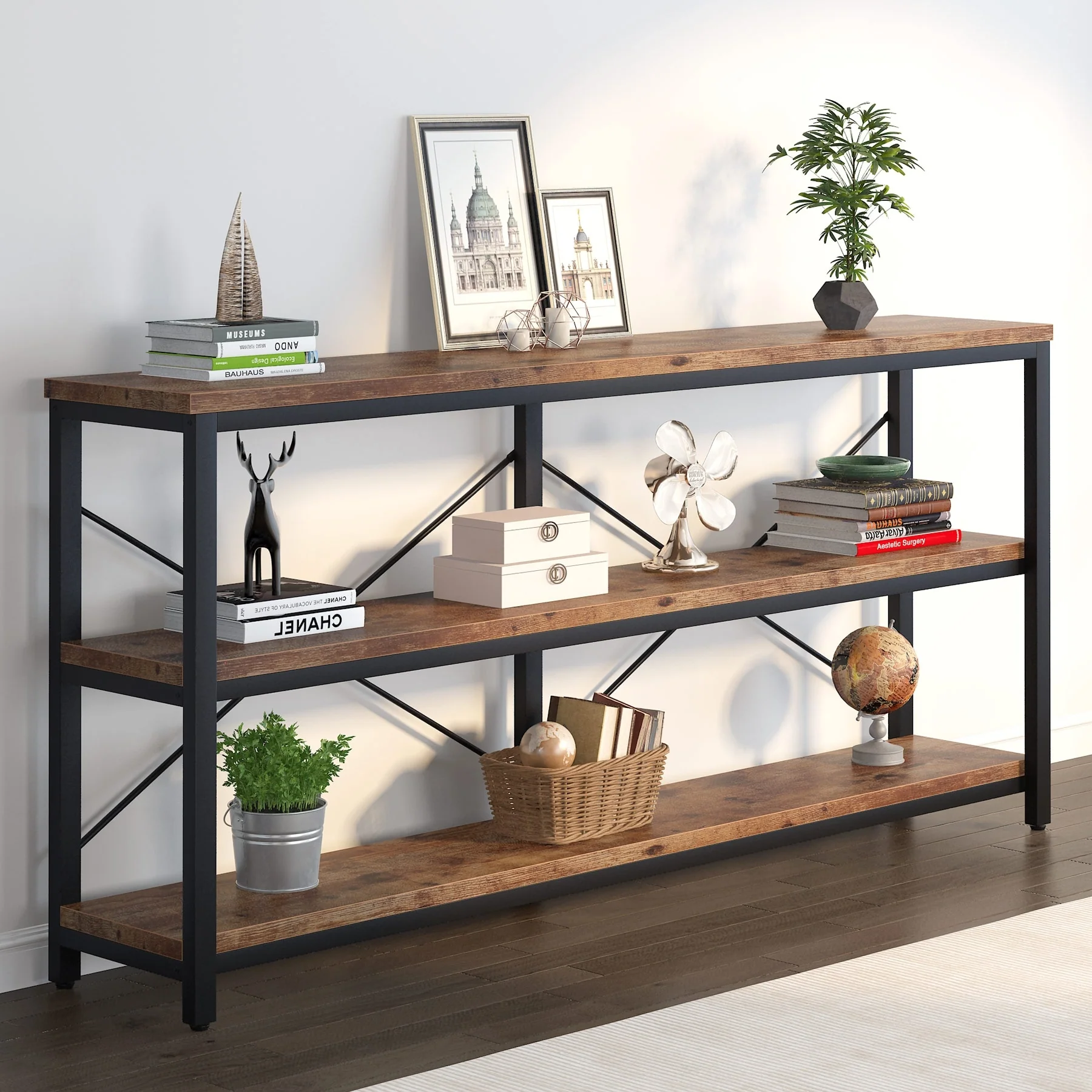 70.8 Extra Long Narrow Console Table Sofa Table Entryway Table with 3 Tiers Storage Shelves