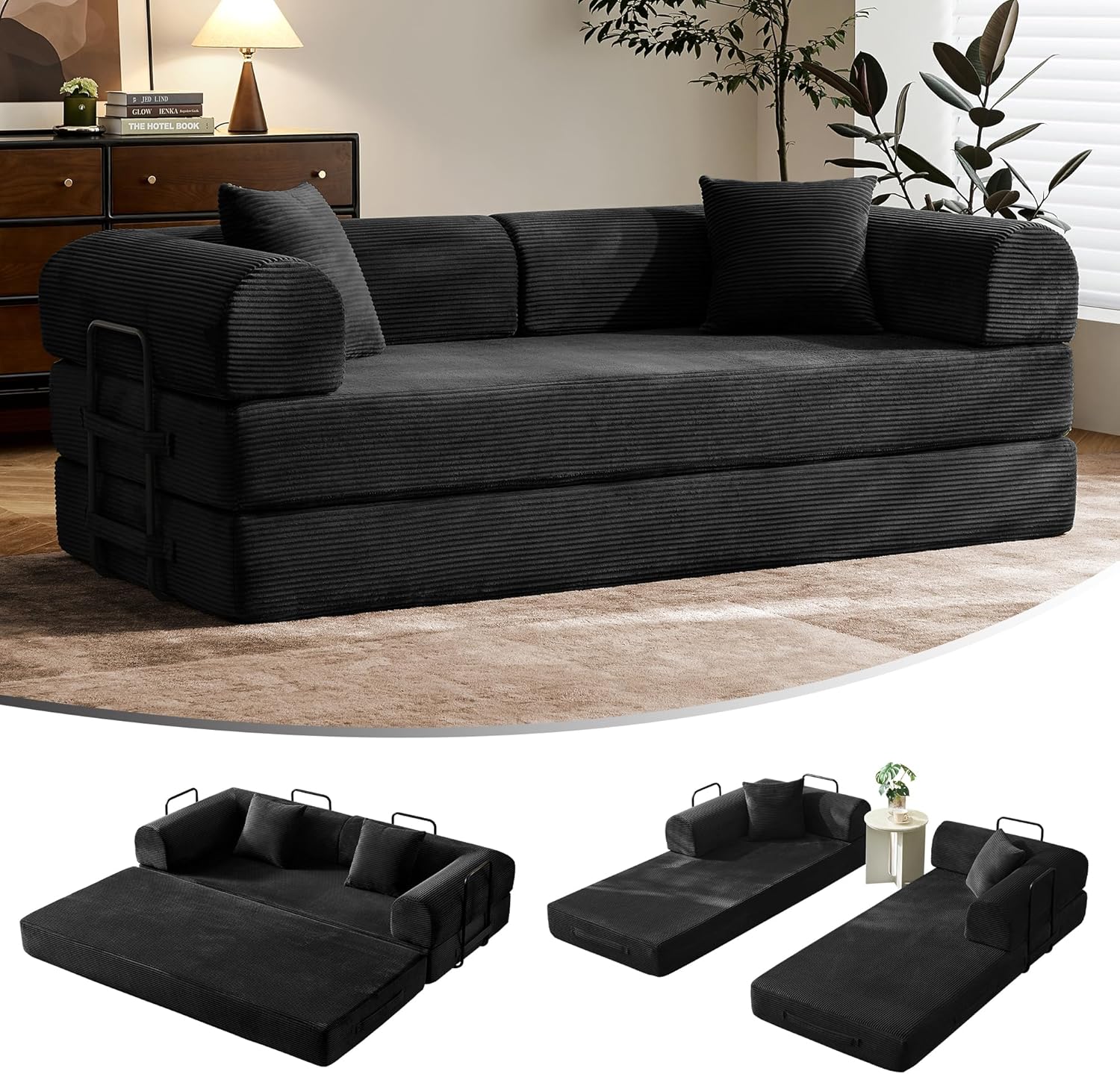 79 Convertible Sofa Bed with Fixed-Shape Frame & Removable Armrests, Modular Corduroy Sleeper Sofa, Folding Mattress Couch for Small Spaces - No Assembly Needed in Black (Includes 2 Pillows)