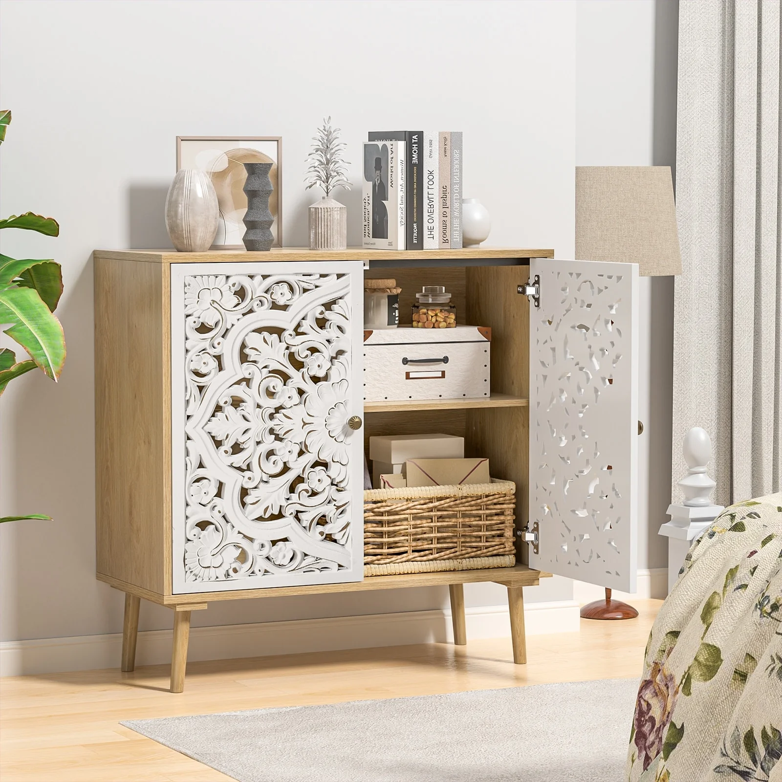 Anmytek Modern 2-Door Wood Sideboard Buffet Vintage Carved Storage Cabinet with Adjustable Shelf - 31.5 W x 13.8 D x 31.5 H