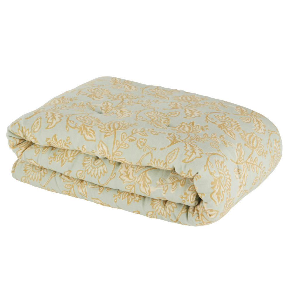 FENI - Boutis en coton bleu céladon imprimé feuillage ocre 185x85