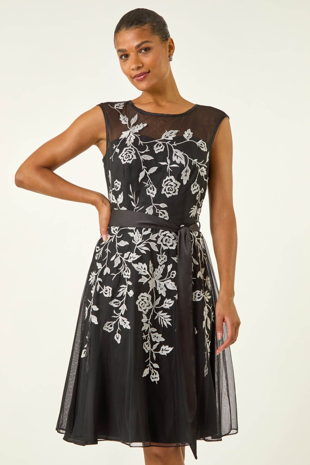 Roman Embroidered Tie Waist Midi Dress