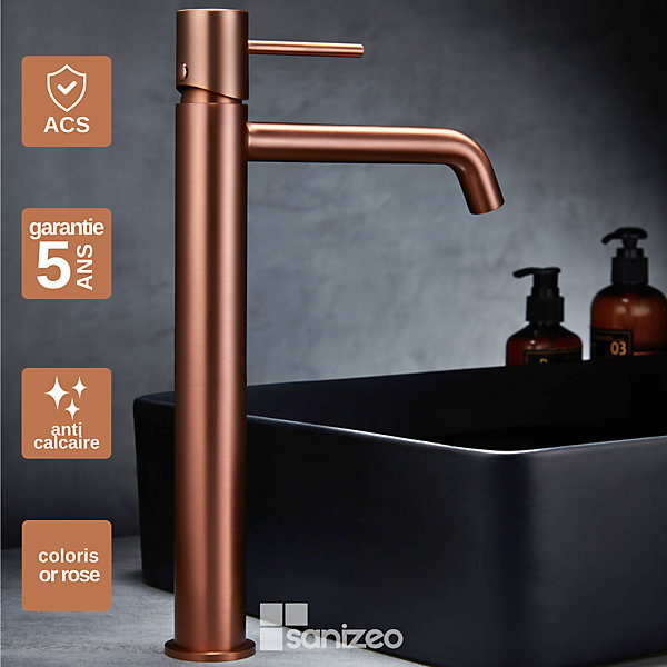 Mitigeur de Lavabo Anti-Calcaire Bec Haut Or Rose Cuivré IMEX MONZA BDM039-3ORC