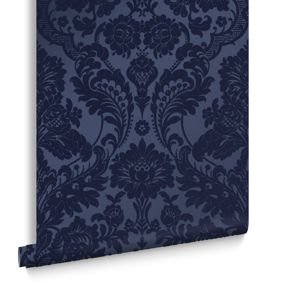 Graham & Brown Vliesbehang - Gothic Damask Flock Cobalt - 10mx52cm