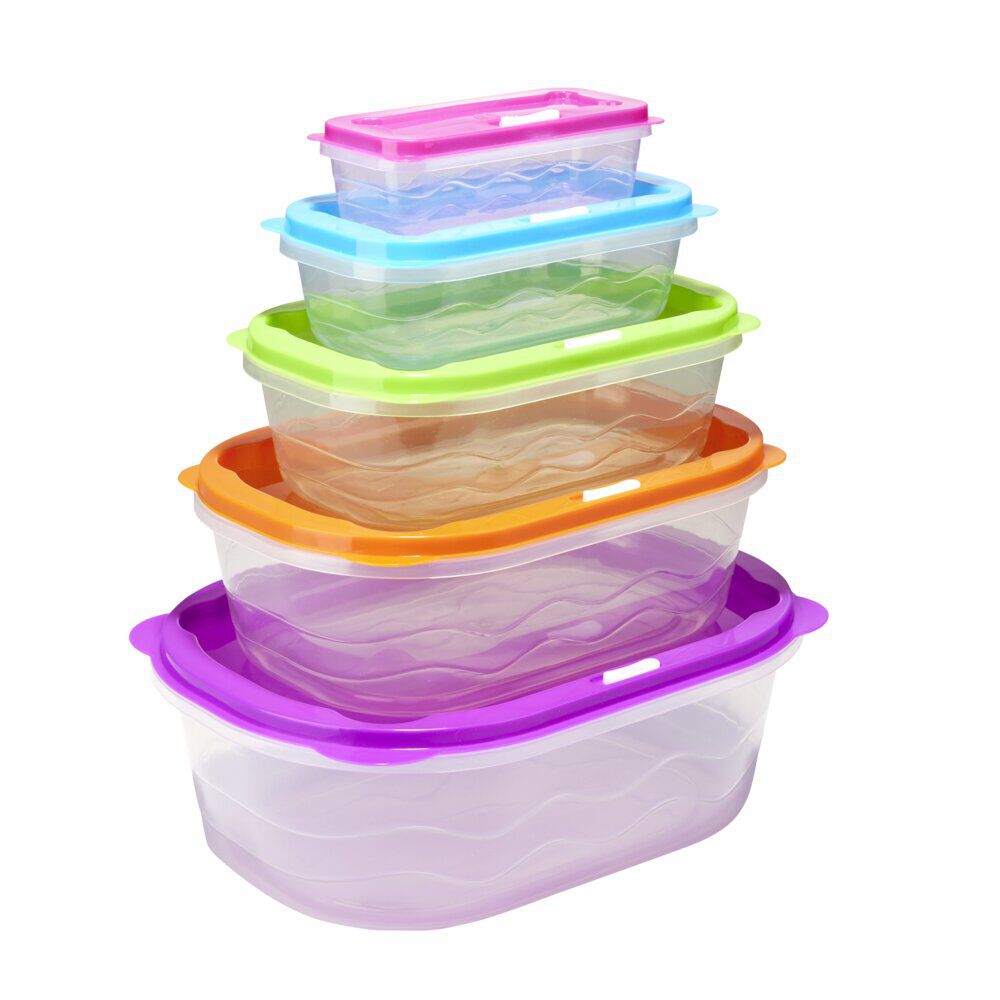 BoÎte alimentaire x5 emboÎtable plastique couvercle multicolore 27x19xH9,5cm