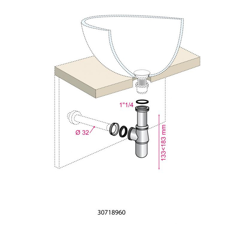 Siphon de lavabo en laiton chromé Ø 32 mm INVENTIV